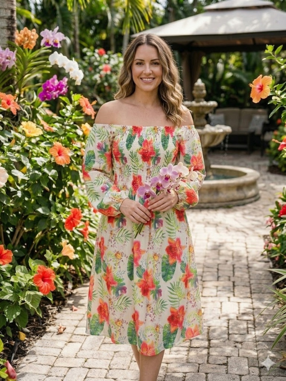 NWT S.DEER Tropical Floral Smocked Midi Convertible Square Off-Shoulder XXL